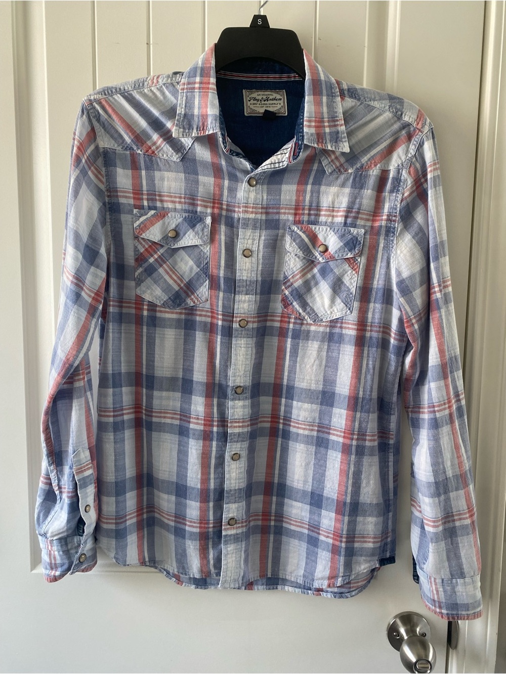 Men's Light Blue & Red Plaid Button-Down Shirt